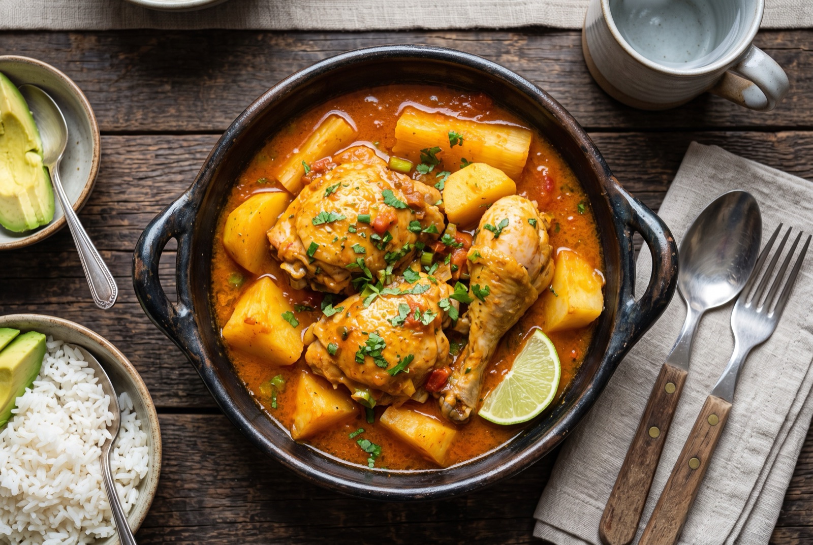 Pot of braised chicken pieces in thick orange tomato sauce with chunks of potato and cassava and chopped cilantro
