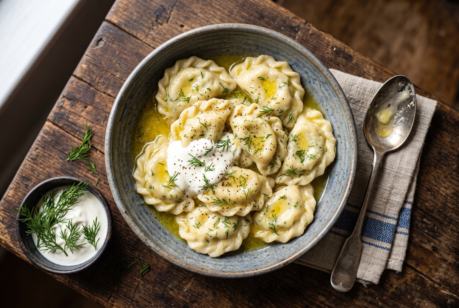 Bowl of crimped half-moon dumplings glossy with melted butter, topped with thick sour cream and chopped dill