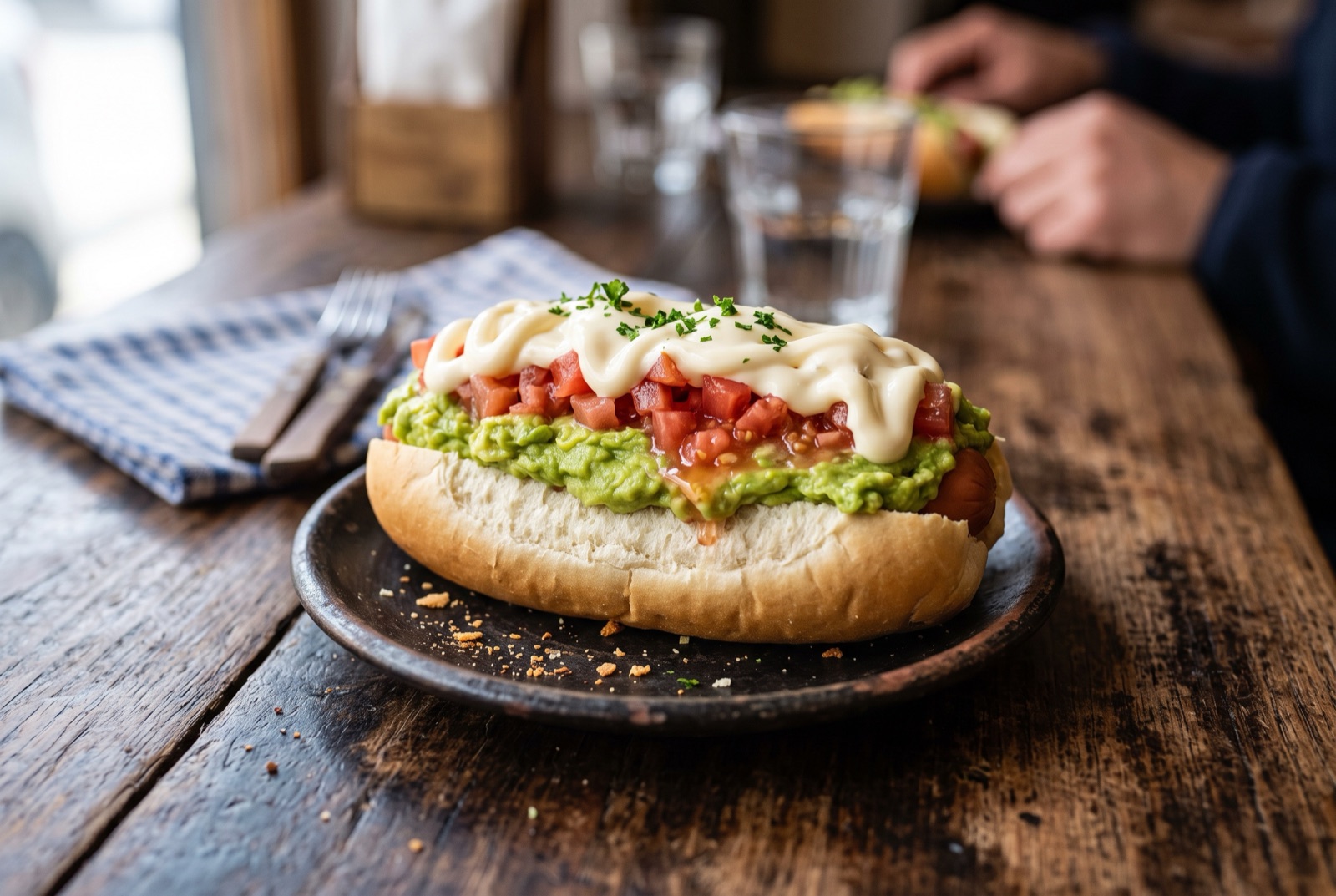 Chilean hot dog loaded with mashed avocado, diced tomato and a thick zigzag of mayonnaise in a soft bun