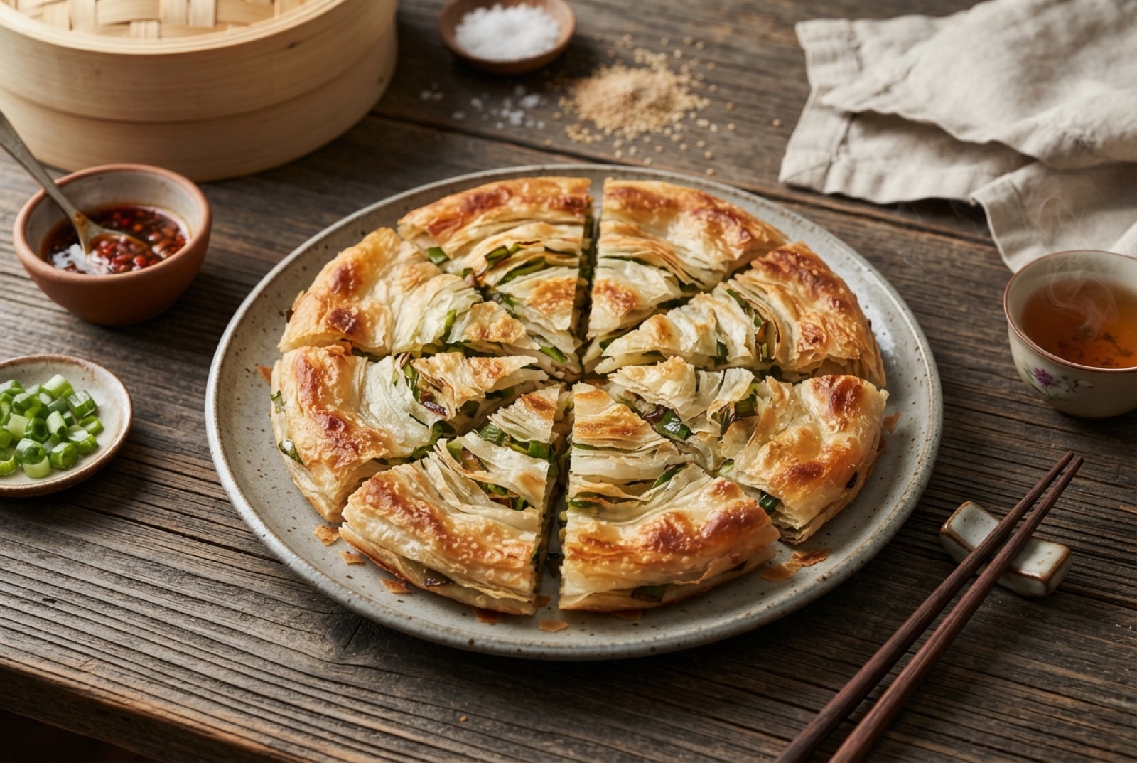 Golden flaky scallion pancake cut into wedges showing thin layers, with a dish of black vinegar dip