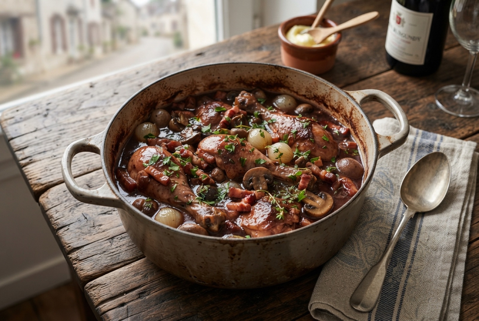 Chicken thighs braised in dark red wine sauce with lardons, glazed pearl onions and mushrooms in a casserole