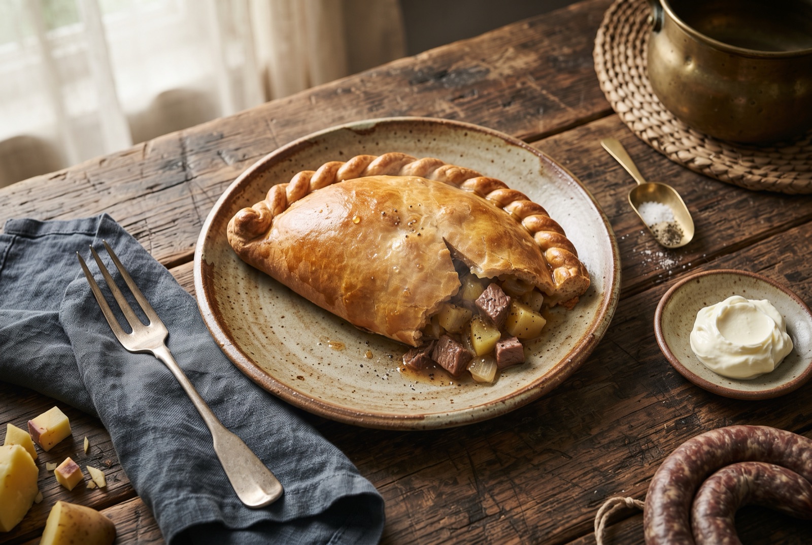 Golden Cornish pasty with a thick rope crimp along one side, cut to show beef and swede filling