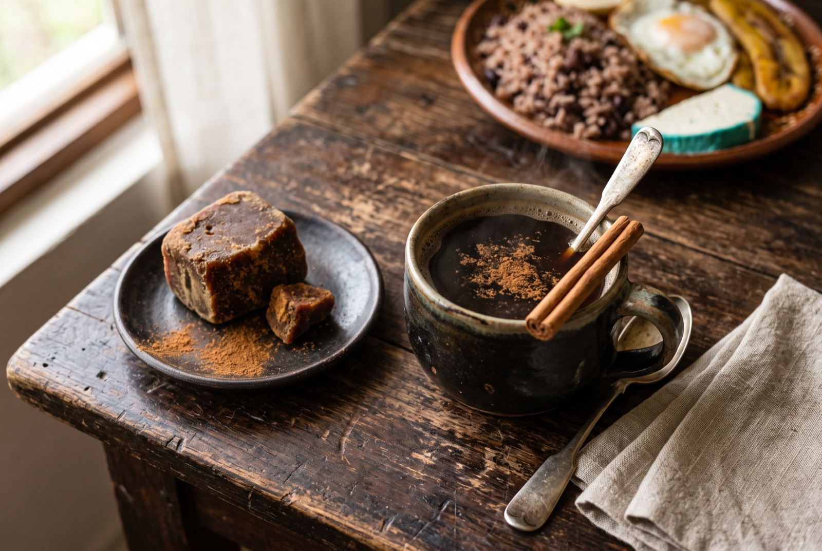 A steaming mug of amber Costa Rican agua dulce beside a broken block of unrefined cane sugar and a cinnamon stick