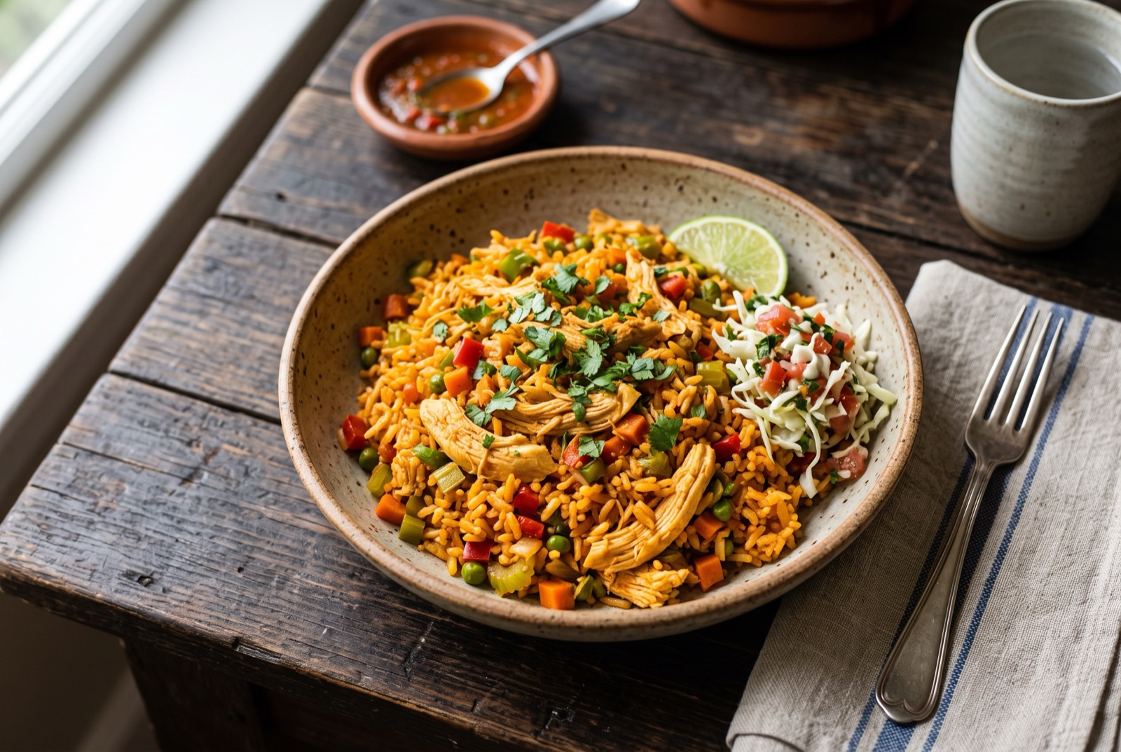 A pan of orange Costa Rican arroz con pollo with shredded chicken, diced sweet pepper, carrot and green peas