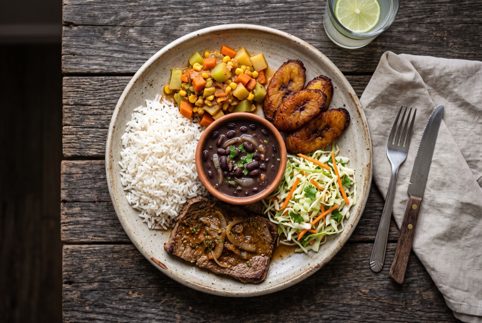 A Costa Rican casado plate with white rice, black beans, fried plantain, cabbage salad and chicken in tomato sauce
