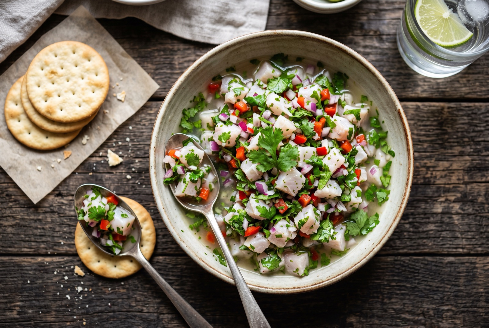 A bowl of Costa Rican ceviche with finely diced white fish, red onion, sweet pepper and coriander with crackers