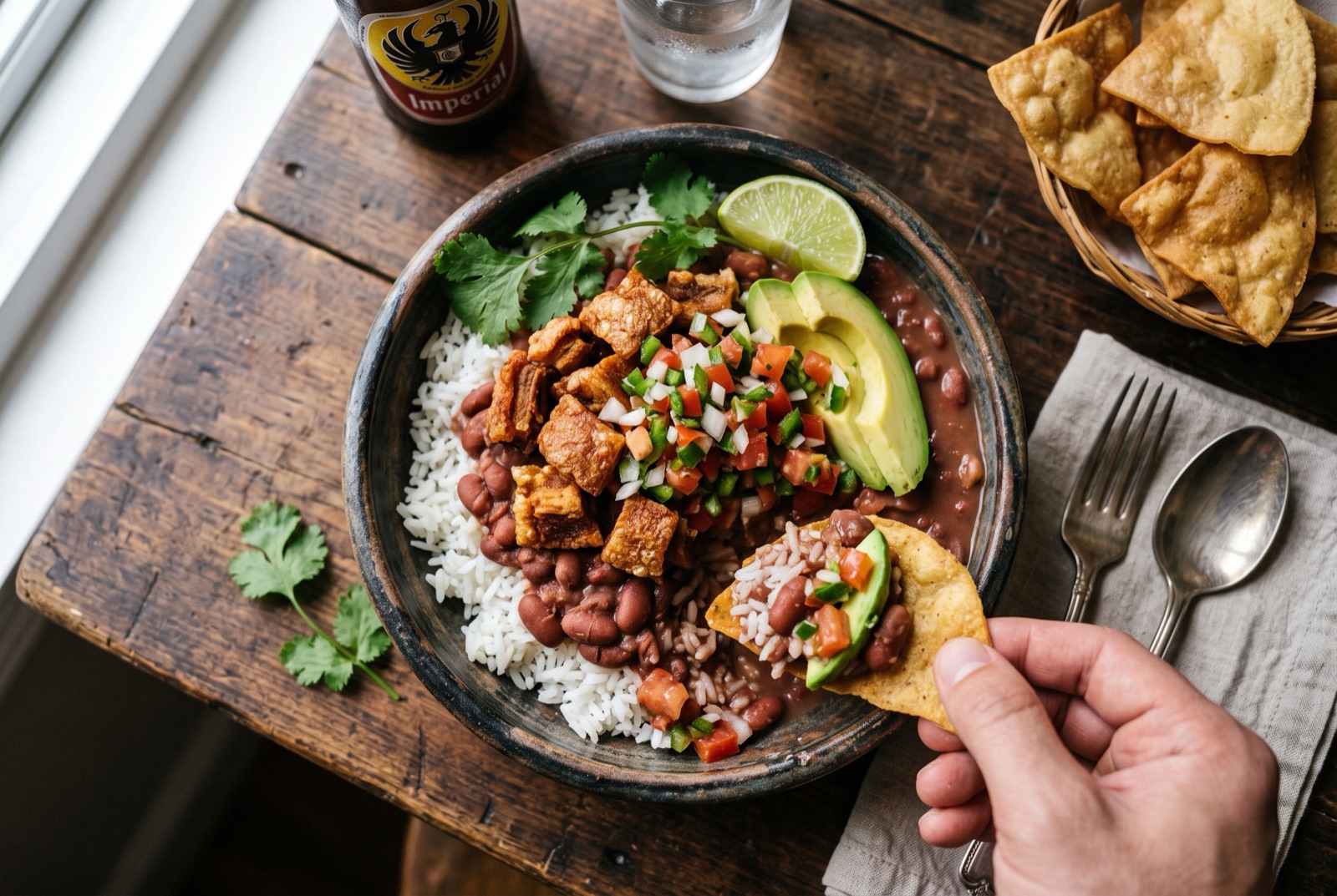 A bowl of chifrijo layered with white rice, soupy beans, crisp pork chicharrón, pico de gallo and avocado