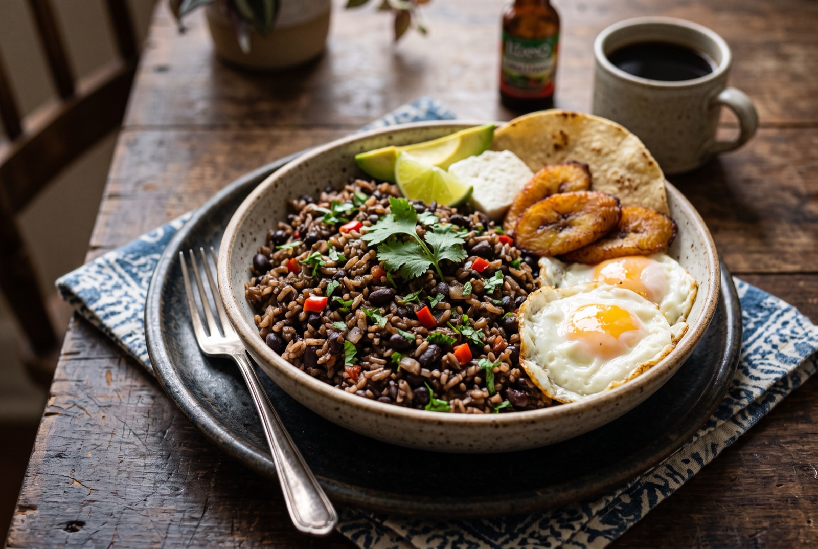 A pan of speckled Costa Rican gallo pinto, white rice flecked with black beans, red pepper and coriander