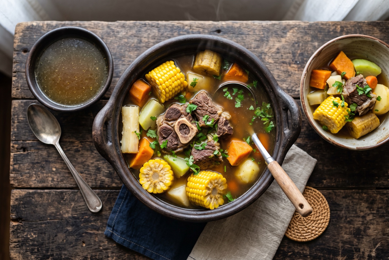 A pot of Costa Rican olla de carne with beef shin, corn rounds, yuca, plantain and chayote in clear broth