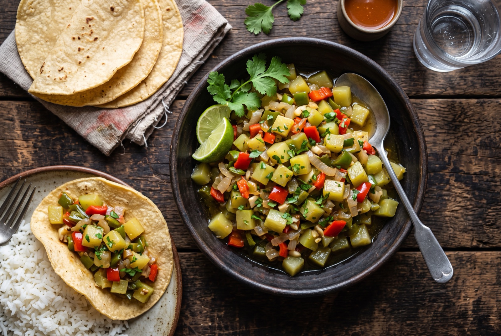 A pan of finely diced chayote picadillo with red sweet pepper, onion and chopped coriander