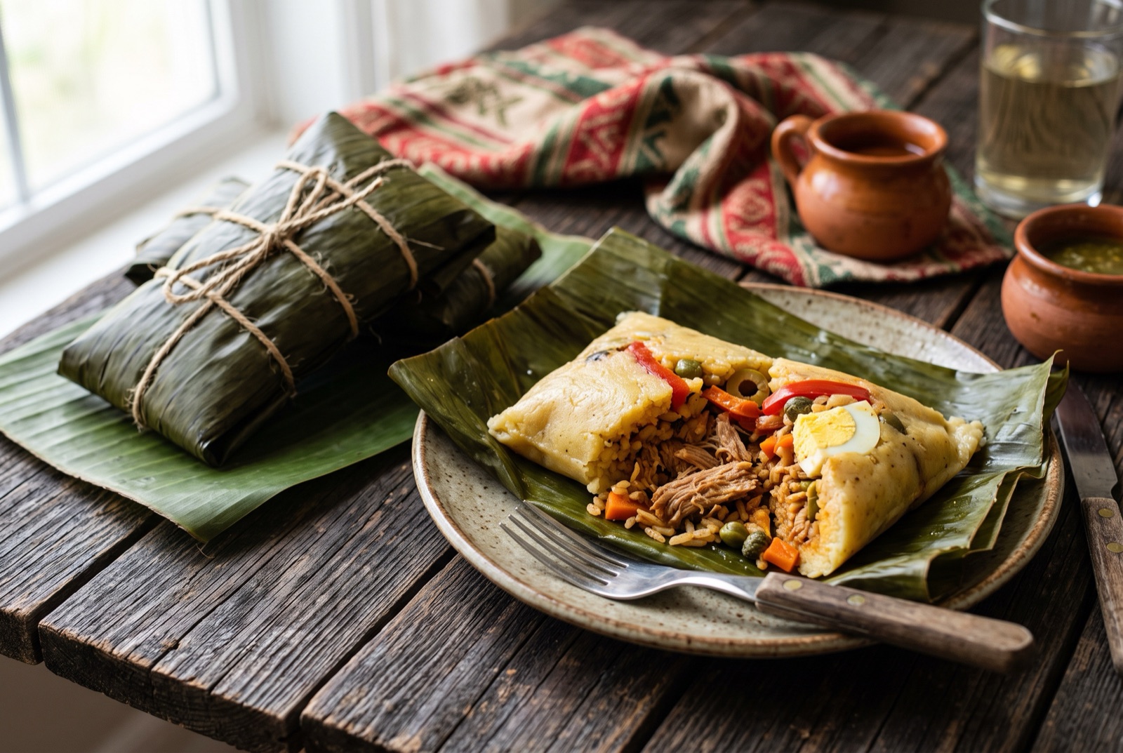 An opened Costa Rican Christmas tamale on a plantain leaf showing orange masa with pork, rice and vegetables