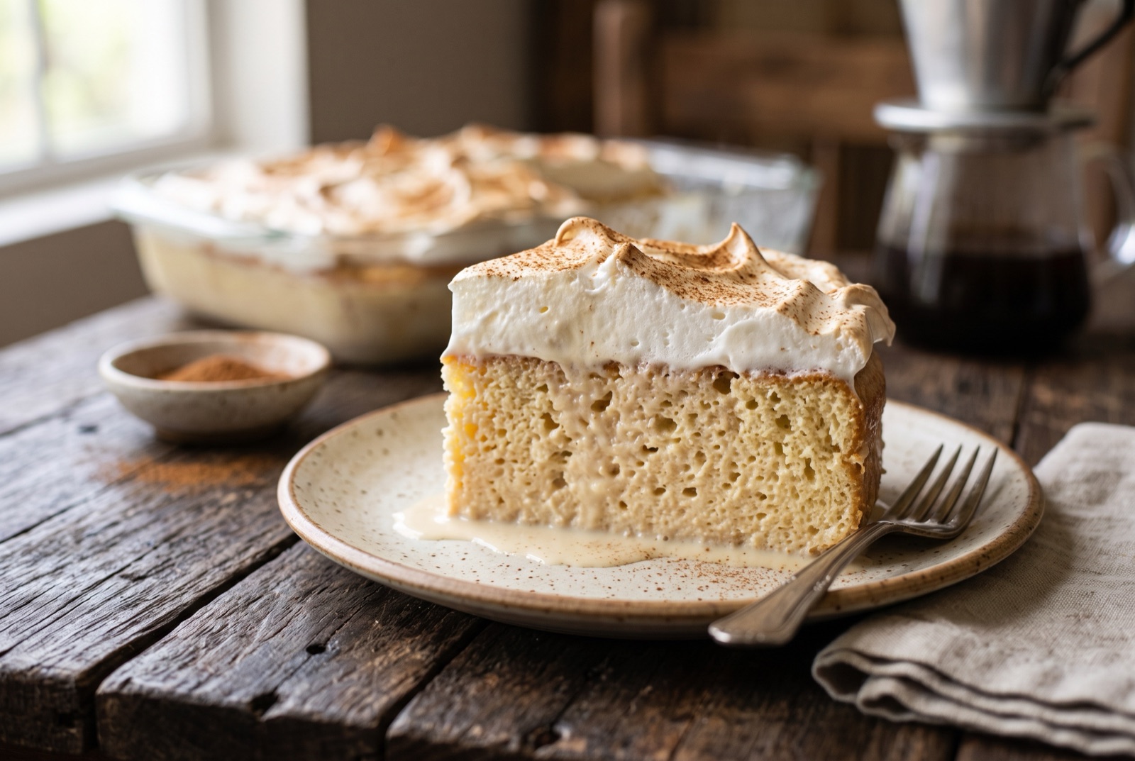 A square of milk-soaked tres leches cake topped with swirled white meringue and dusted with cinnamon