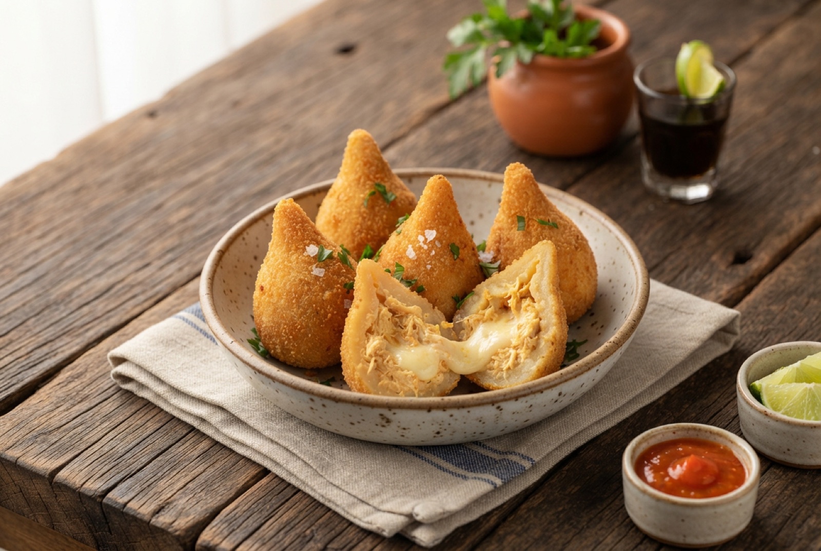 Golden teardrop-shaped coxinha croquettes, one broken open to show shredded chicken and melting cheese