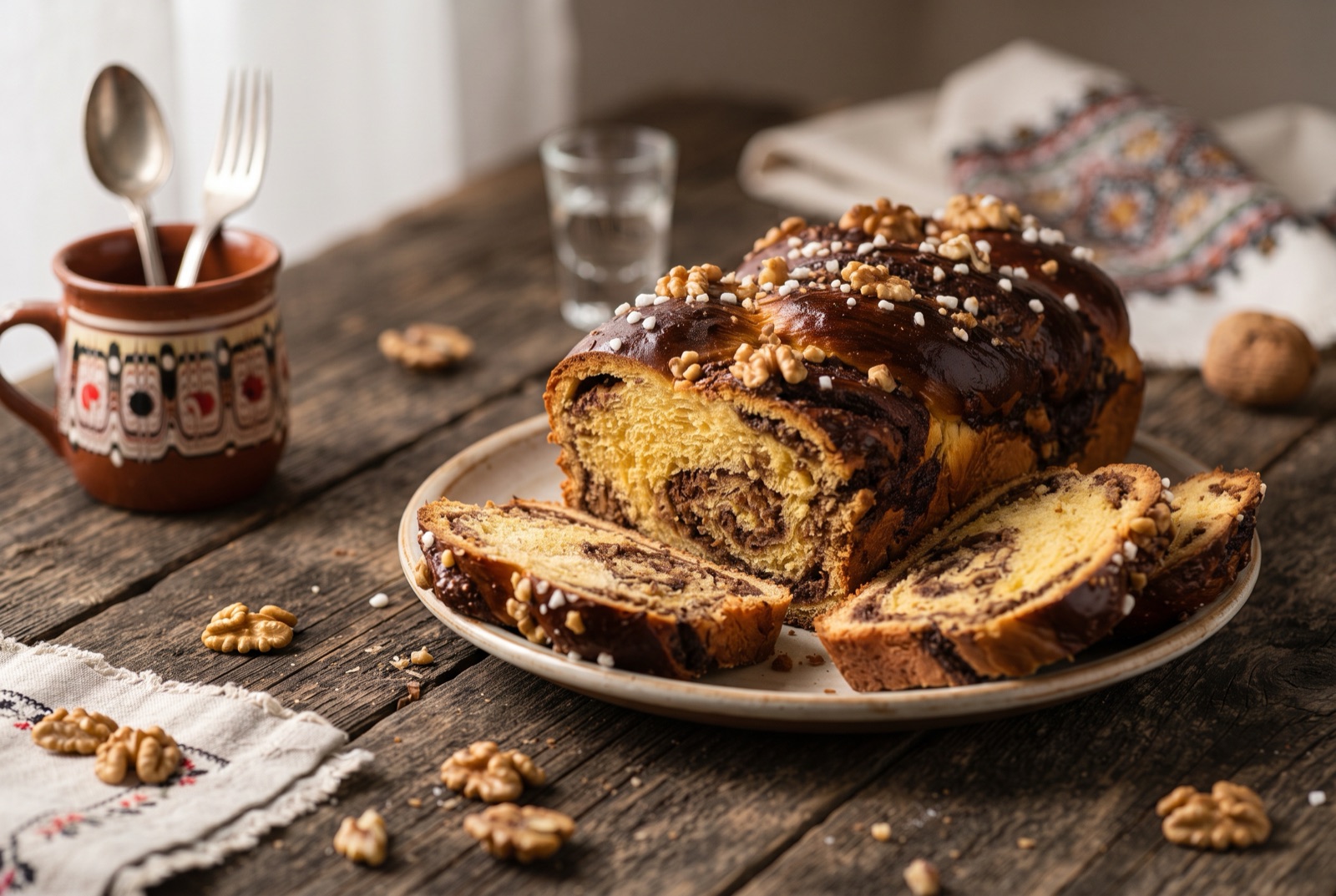 Sliced Romanian cozonac loaf showing a dark walnut and cocoa spiral running through a soft golden crumb