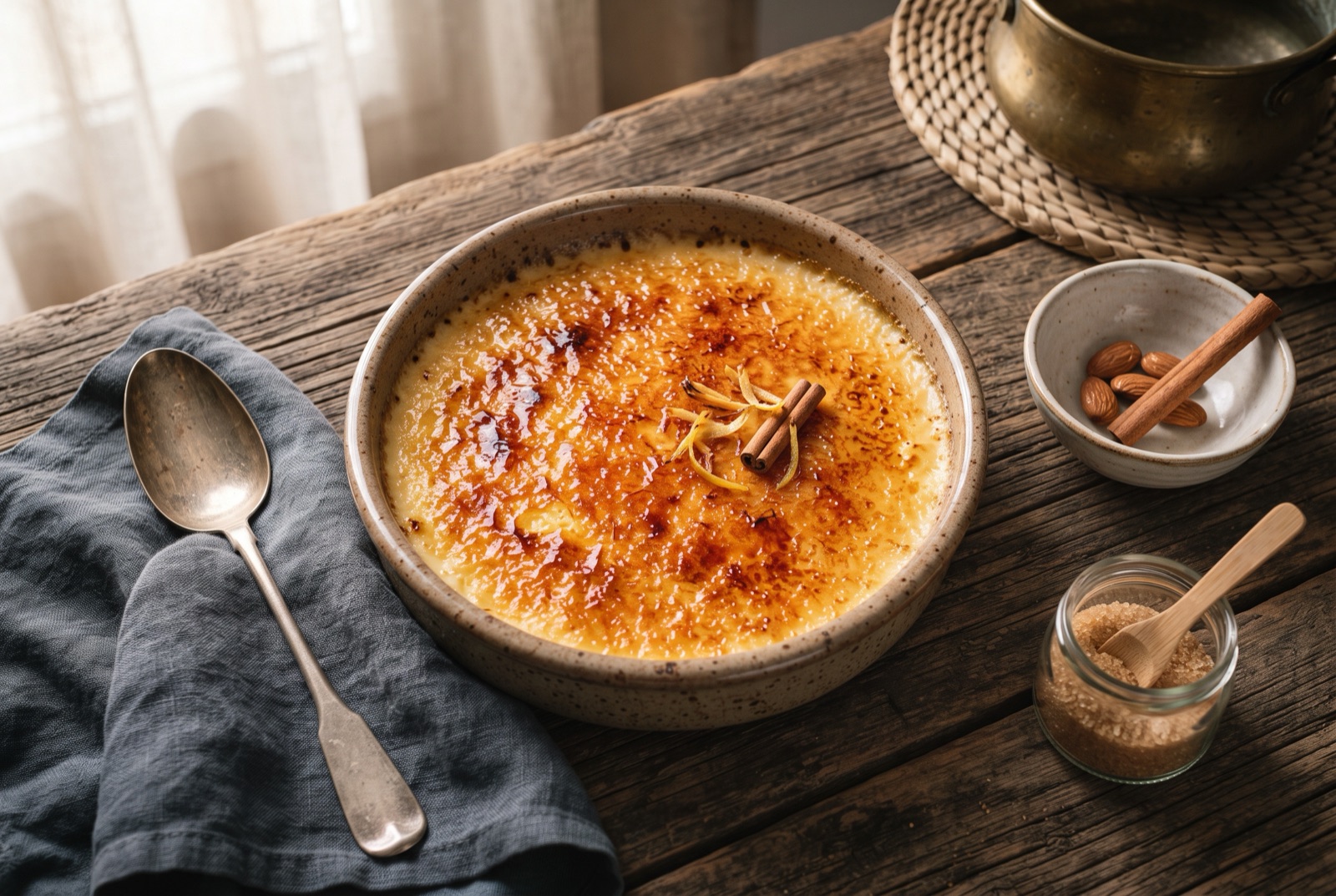 Shallow earthenware dish of pale set custard under a cracked amber burnt sugar crust with a spoon breaking through
