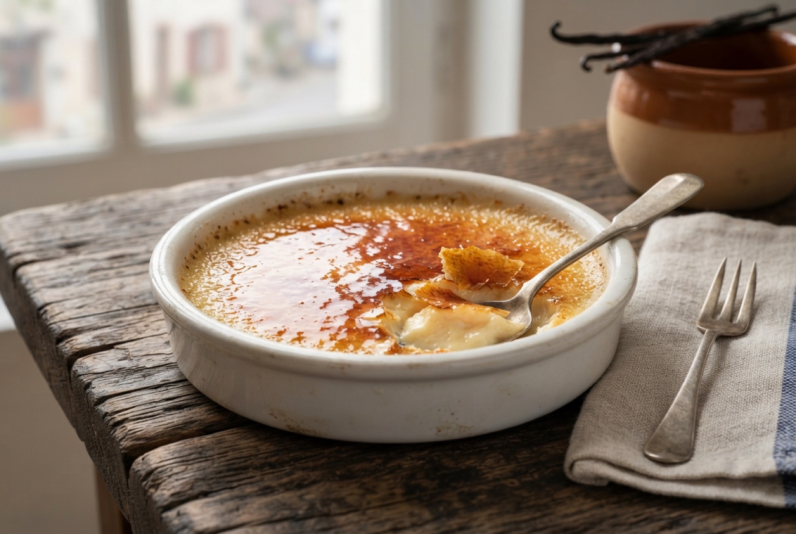 Ramekin of crème brûlée with a cracked amber caramel top revealing pale vanilla-flecked custard beneath