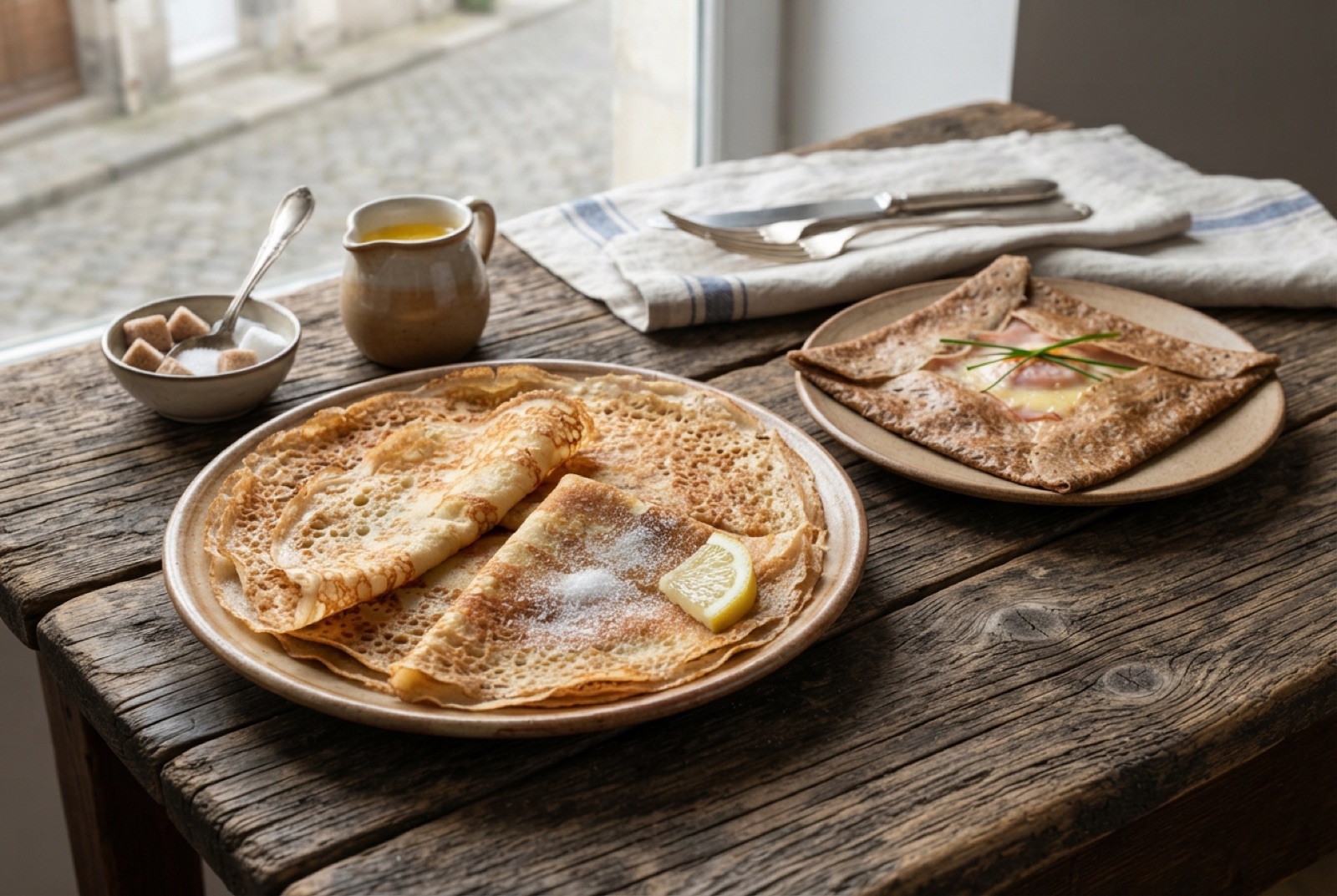 A stack of thin golden French crêpes with lacy browned edges, one folded into quarters