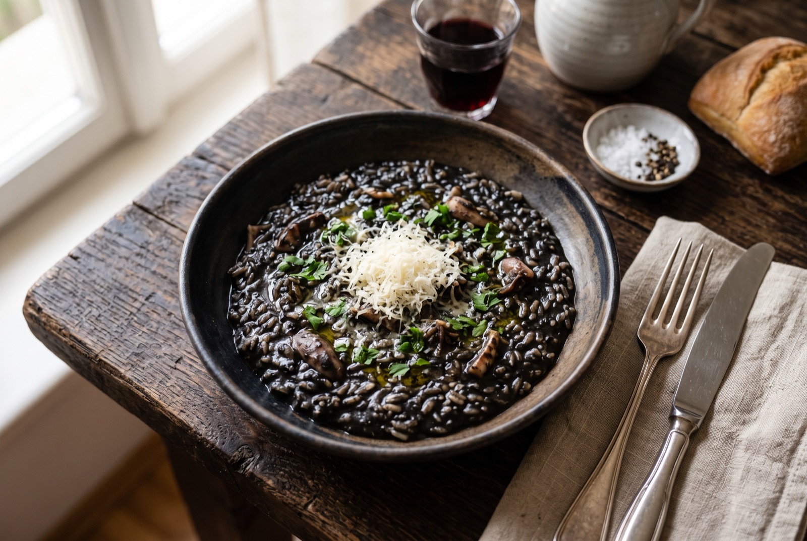 Plate of jet-black Croatian cuttlefish risotto scattered with chopped parsley and a lemon wedge