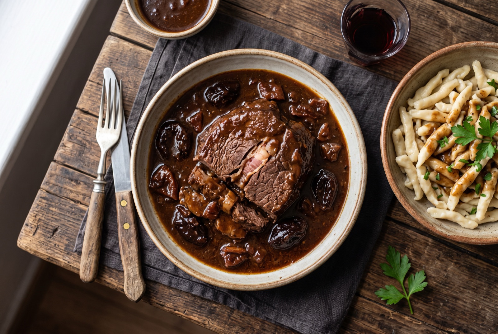 Sliced Dalmatian pašticada beef fanned over potato gnocchi under a dark glossy prune and wine sauce