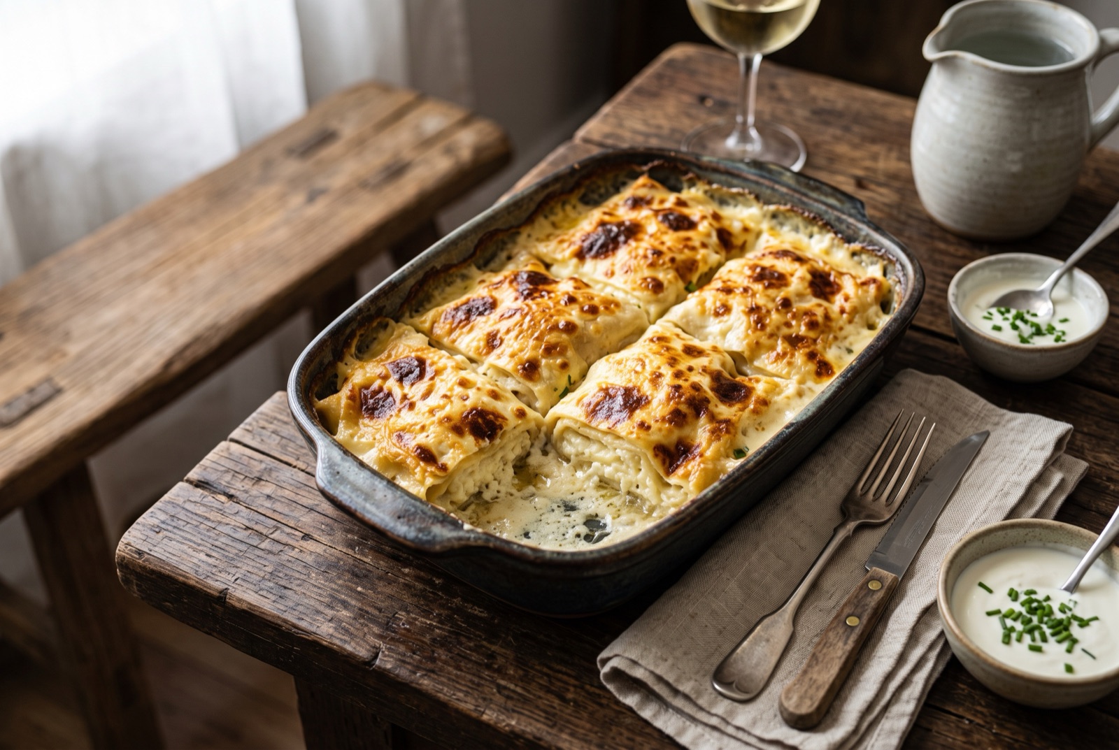 Baking dish of Croatian štrukli pillows with blistered golden tops sitting in bubbling cream