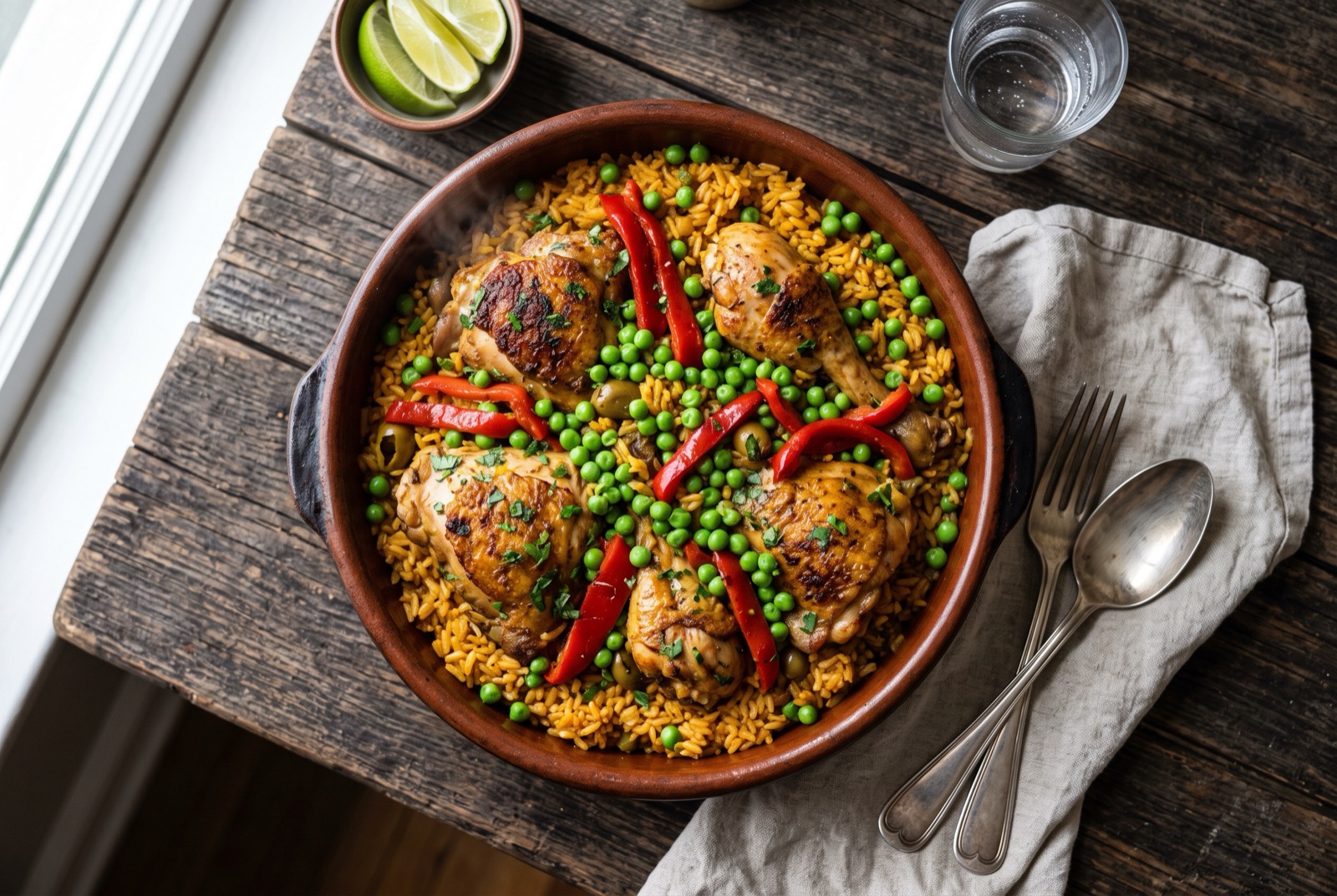 Wide pan of golden yellow rice with browned chicken pieces, peas and red pepper strips on top