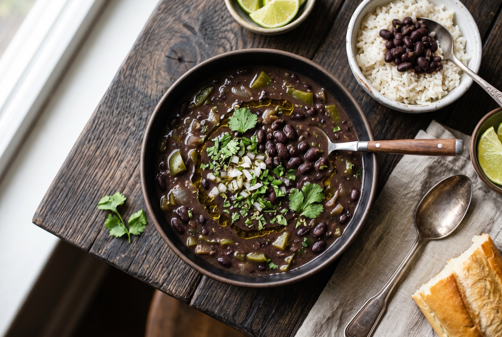 Bowl of dark Cuban black bean soup over white rice topped with raw chopped onion
