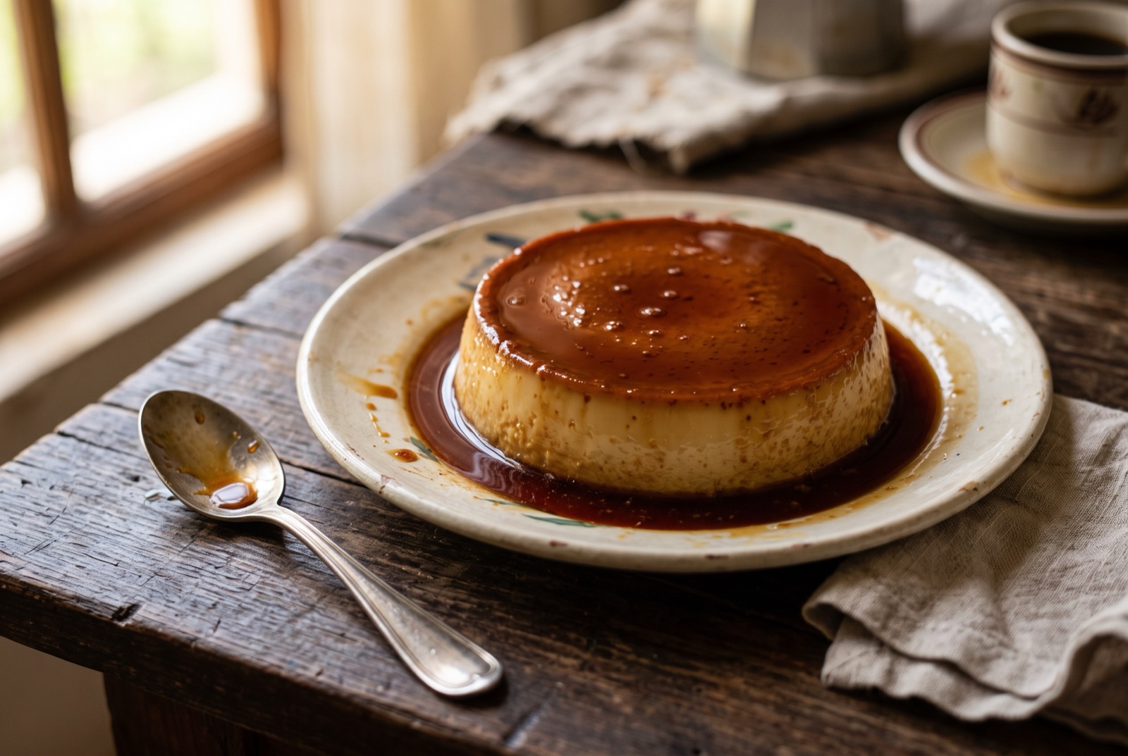 Turned-out Cuban flan with dark caramel running down the sides onto a rimmed plate