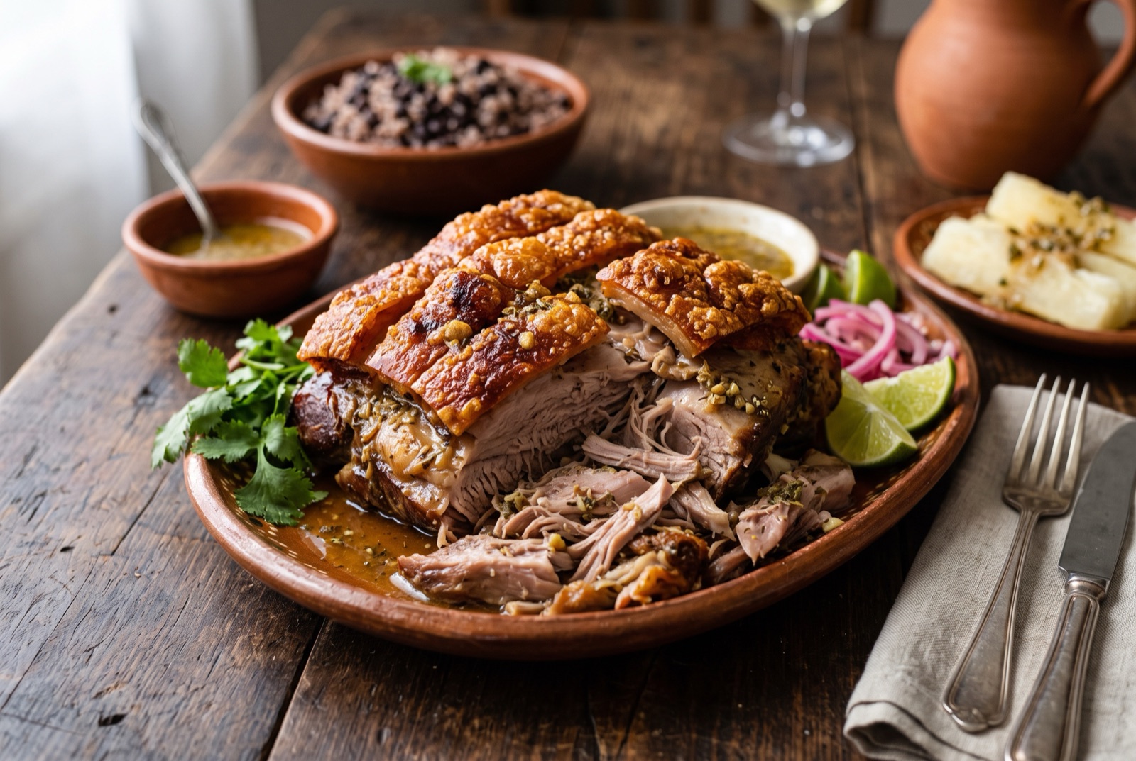 Roasted Cuban pork shoulder with blistered crackling, partly pulled apart, with lime-soaked onion rings