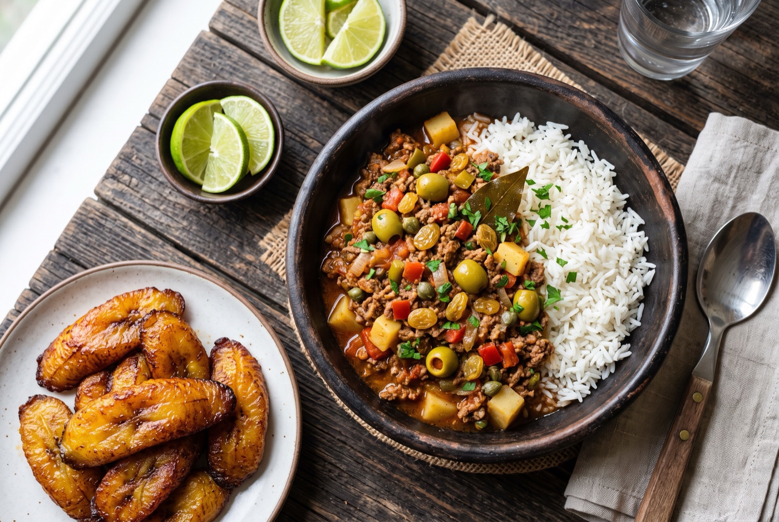 Skillet of Cuban picadillo, ground beef in tomato sauce studded with green olives and raisins