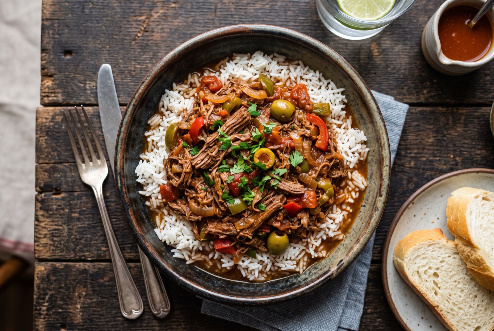 Shredded beef ropa vieja in red pepper sauce with green olives, served over white rice