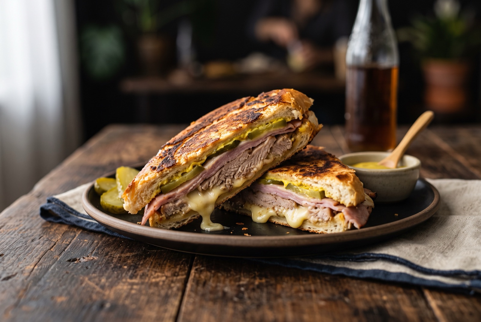 Pressed Cuban sandwich cut on the diagonal showing roast pork, ham, melted cheese and pickles