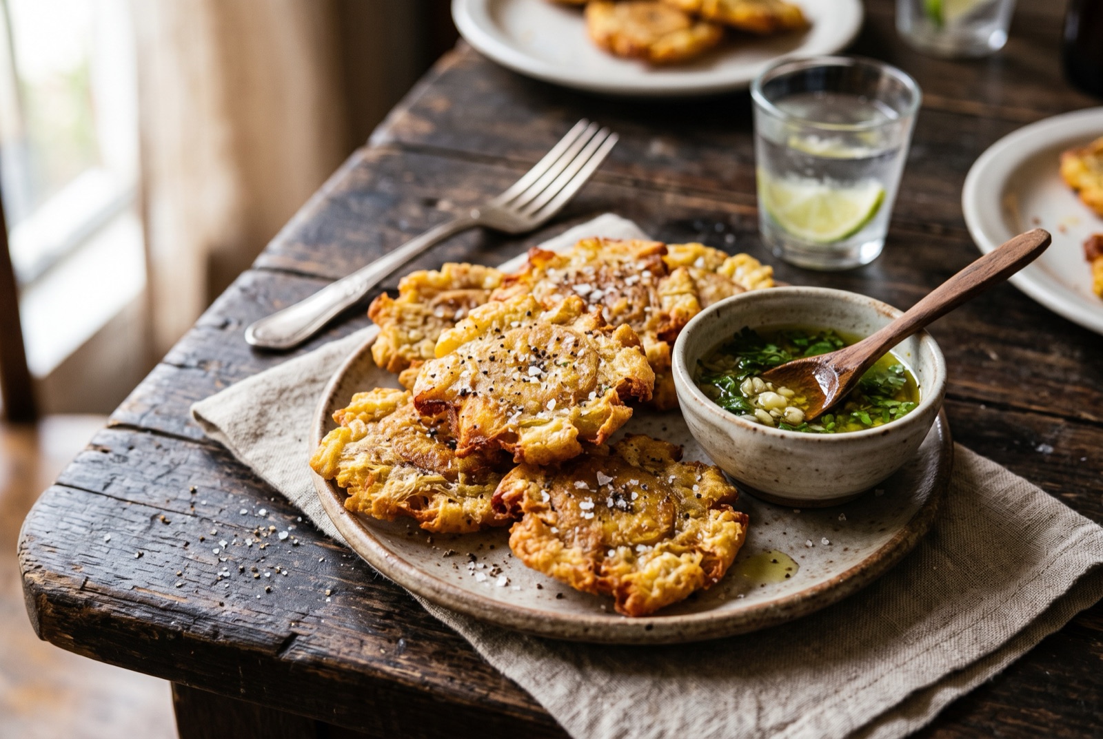 Golden twice-fried plantain rounds with crisp cracked edges beside a bowl of garlic mojo