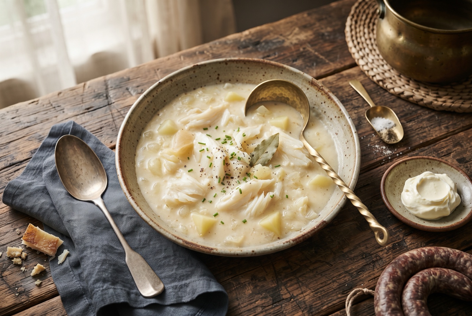 Bowl of thick Cullen skink with flakes of smoked haddock, potato cubes and chopped chives