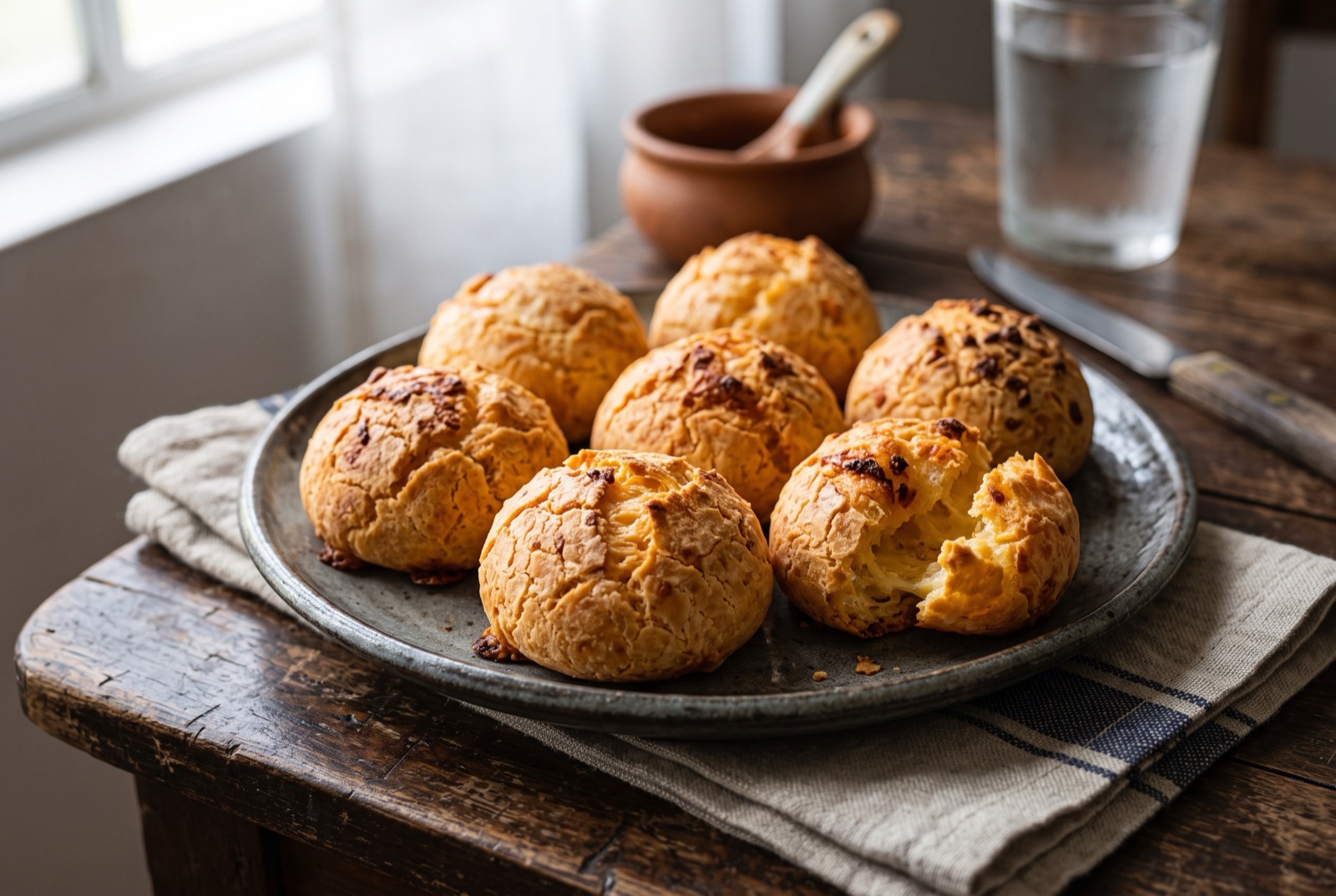 Warm Bolivian cuñapé rolls with cracked golden shells, one torn open to show the stretchy hollow cheese interior