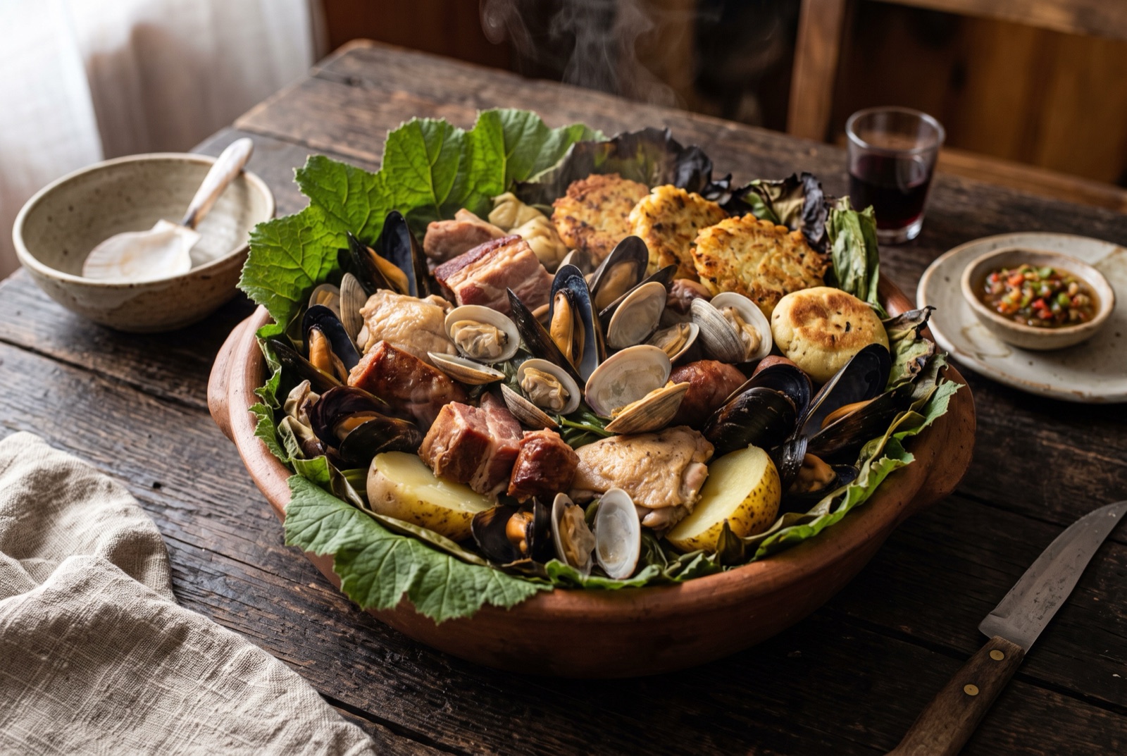Curanto served on a platter with open mussels and clams, smoked pork ribs, sausage, potatoes and milcao patties