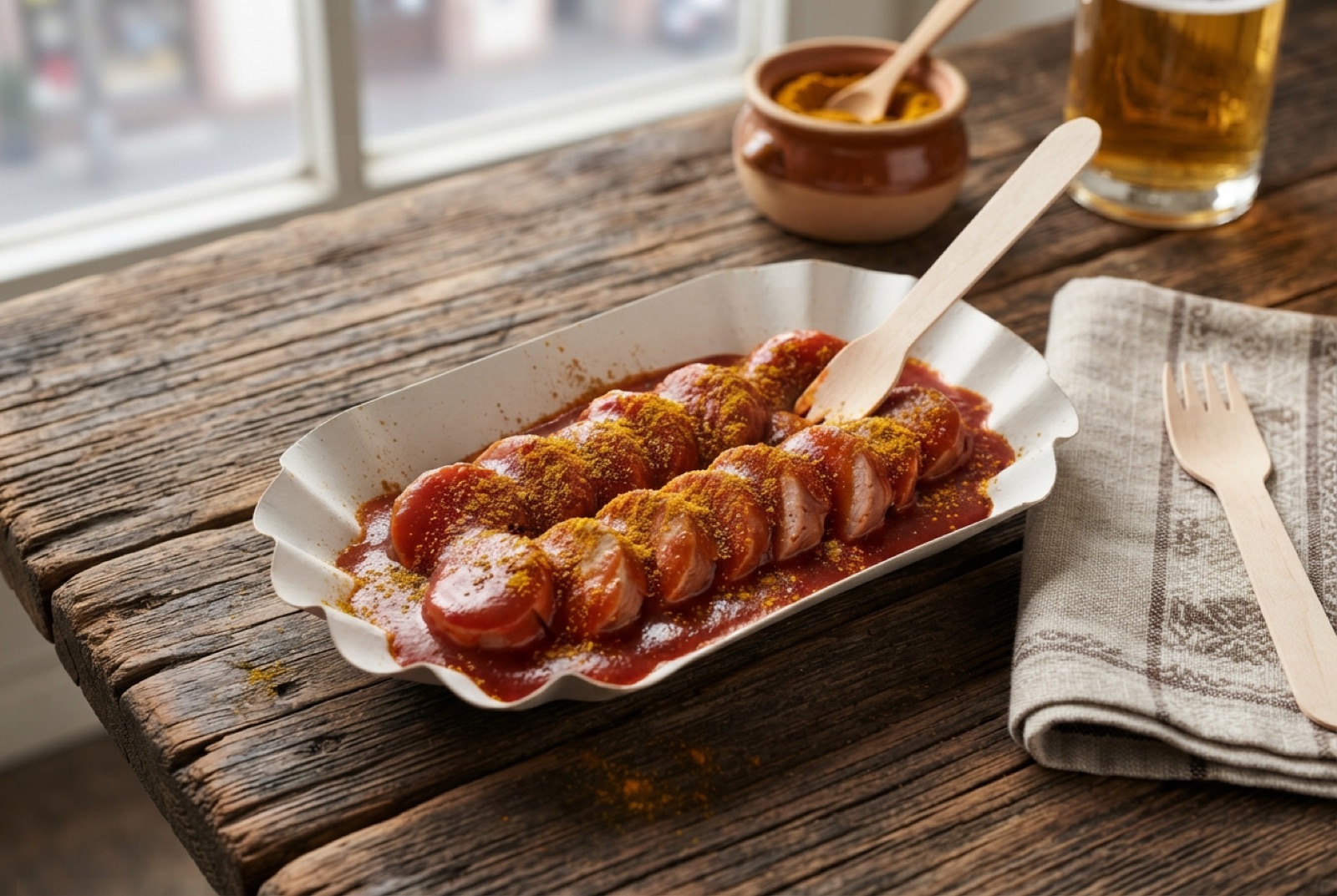 Sliced Bratwurst coins covered in red curry ketchup and dusted with curry powder on a paper tray with chips