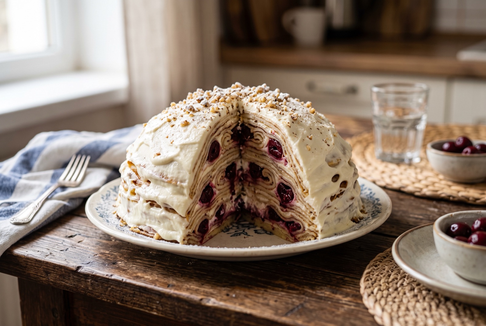 A tall cone-shaped cake of rolled pancakes coated in white soured cream, one wedge cut to show dark sour cherries inside