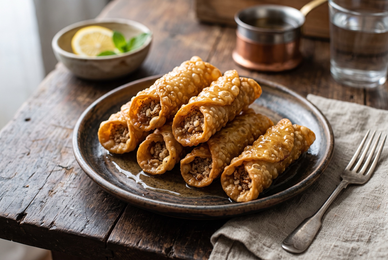 Golden fried Cypriot daktyla pastry fingers glossy with lemon syrup and scattered sesame seeds on a rack