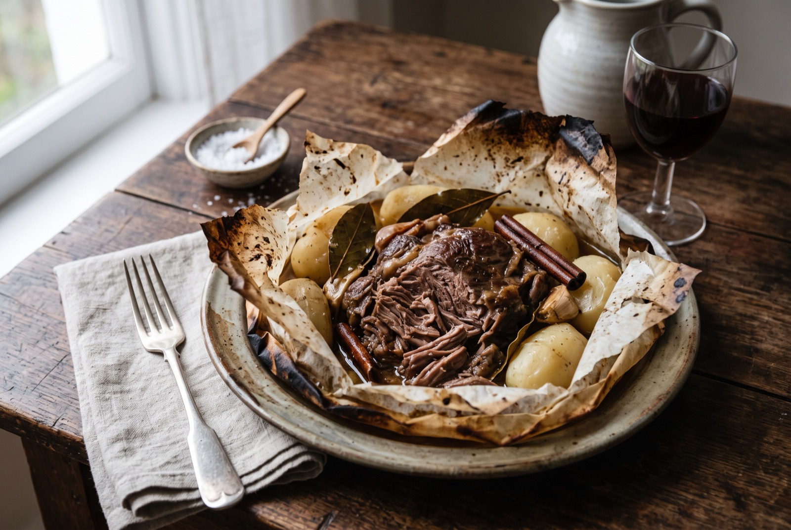 Opened parchment parcel of Cypriot kleftiko with collapsing lamb shoulder, amber potatoes, bay leaves and lemon slices