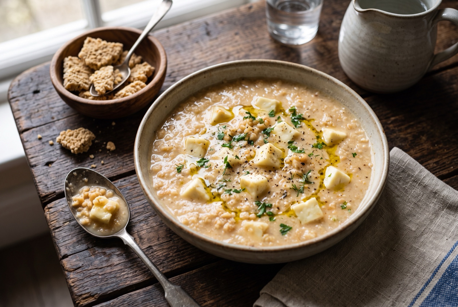 Thick sour trahanas soup in a bowl with softened halloumi cubes, cracked pepper and a lemon wedge