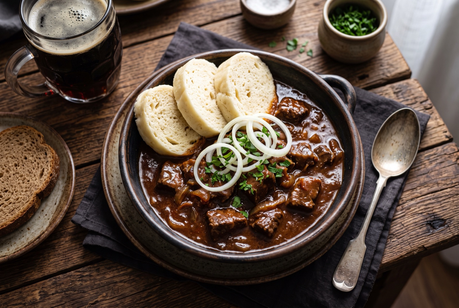 Thick dark beef goulash on a plate with sliced bread dumplings and raw white onion rings on top