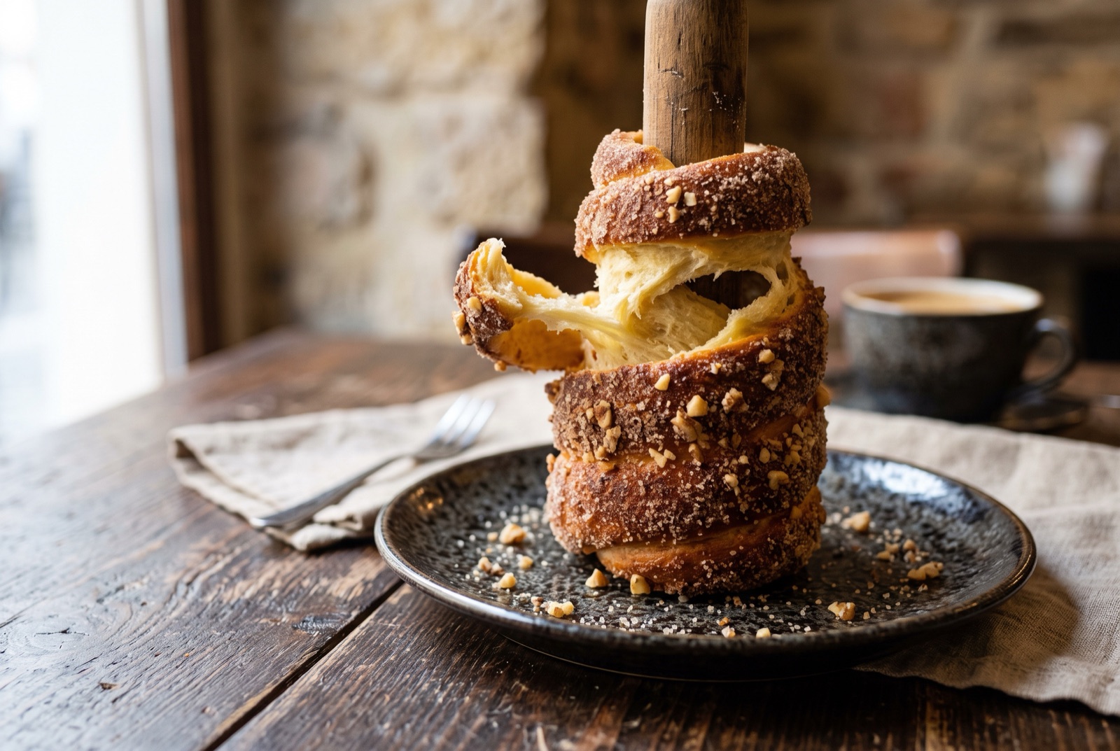 Golden spiral chimney cake tube crusted with caramelised sugar and chopped walnuts, standing upright