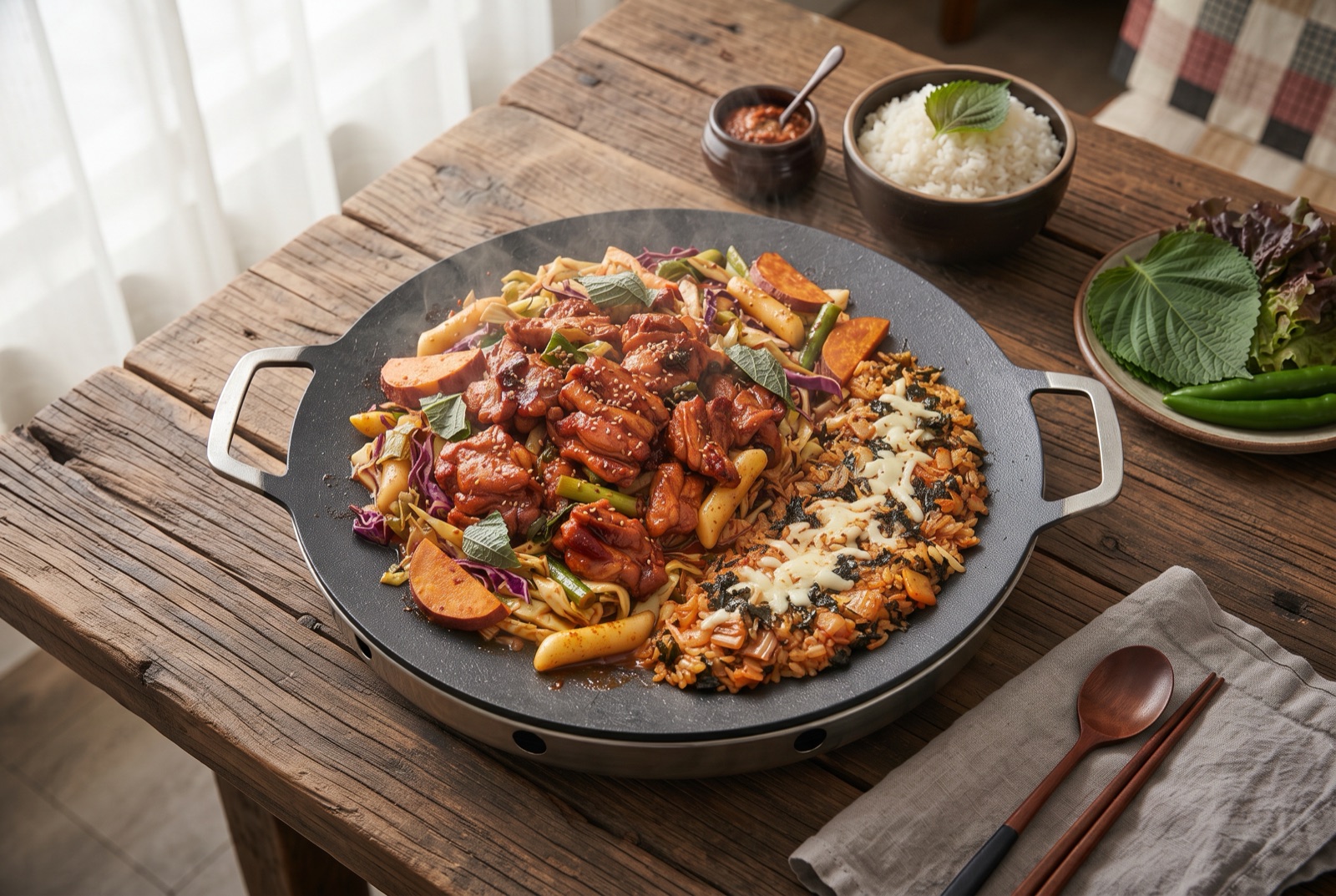 Wide griddle of red dakgalbi with glazed chicken thigh pieces, cabbage, sweet potato slices and rice cakes