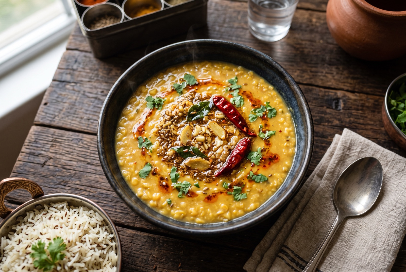 Bowl of creamy yellow dal topped with a sizzled ghee tempering of cumin, garlic and red chiles