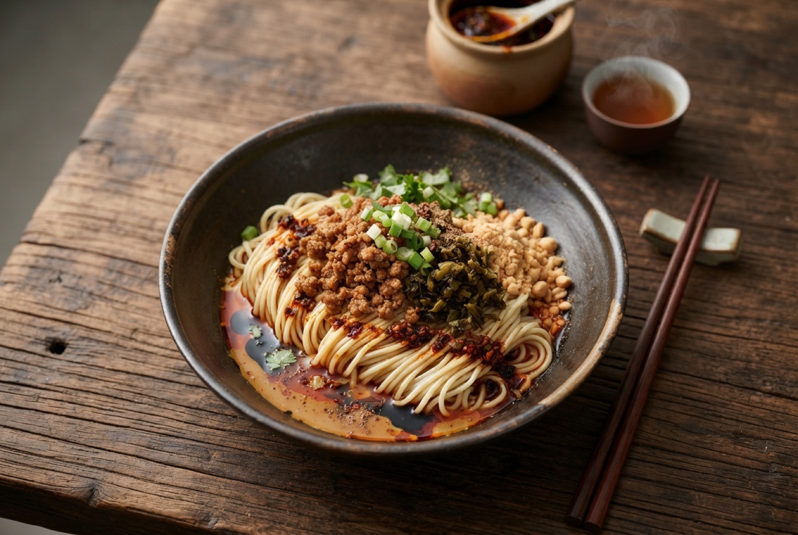 Bowl of dan dan noodles with chili oil sauce, crisp minced pork, preserved greens and sliced scallions