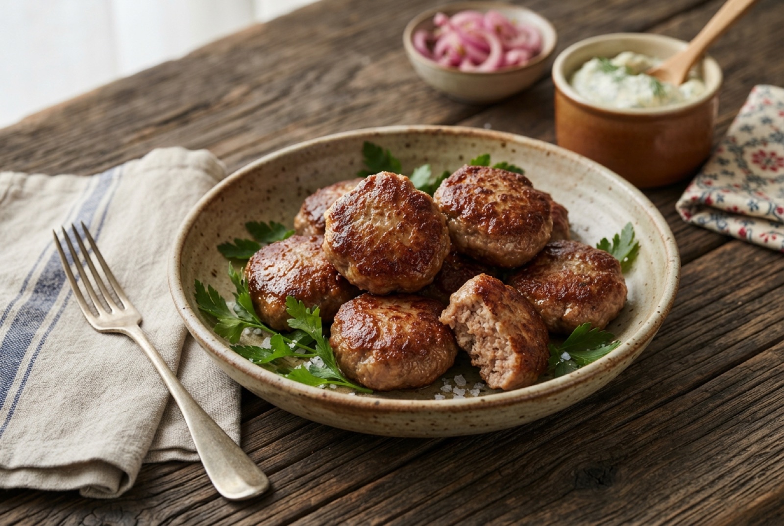 Deep brown oval Danish frikadeller frying in foaming butter in a heavy pan