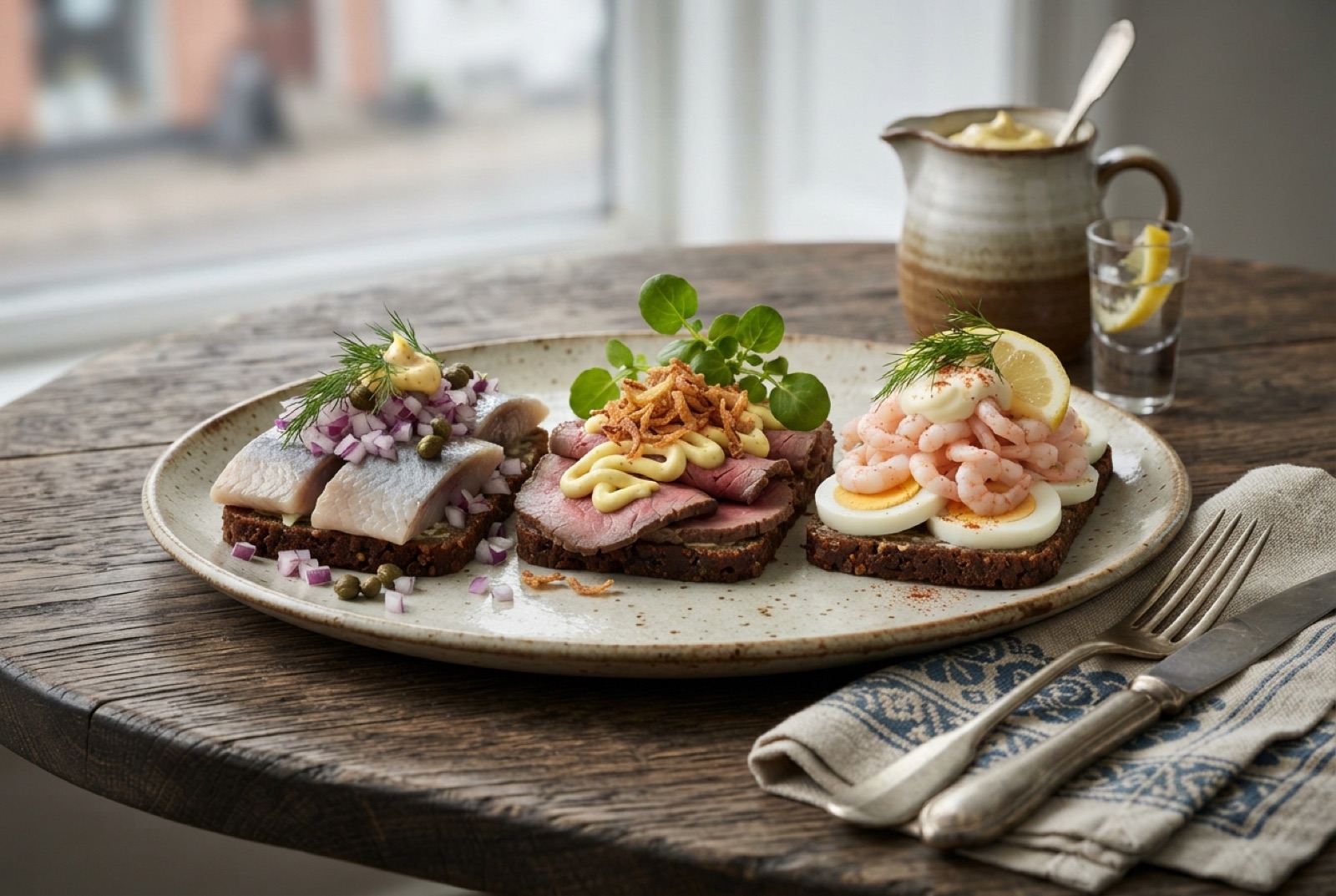Three Danish open sandwiches on dark rye: pickled herring with onion, roast beef with remoulade, and egg with shrimp and dill