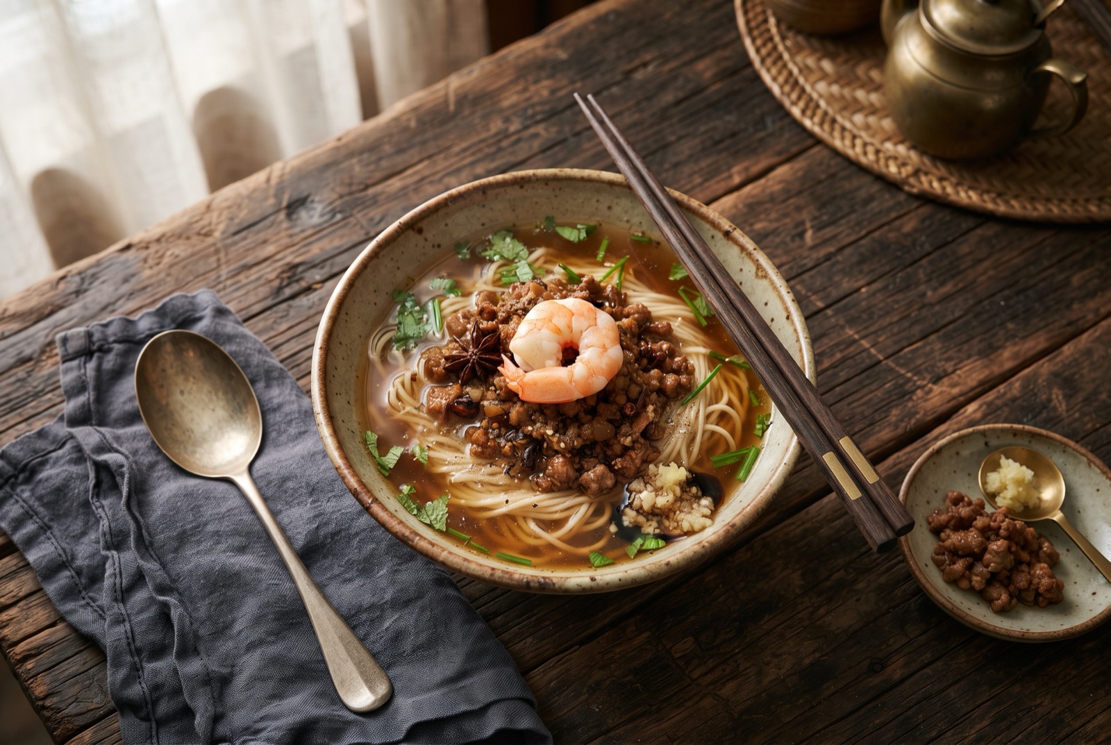 Small bowl of Tainan danzai noodles with dark minced pork, a whole shrimp, bean sprouts and coriander in shrimp broth