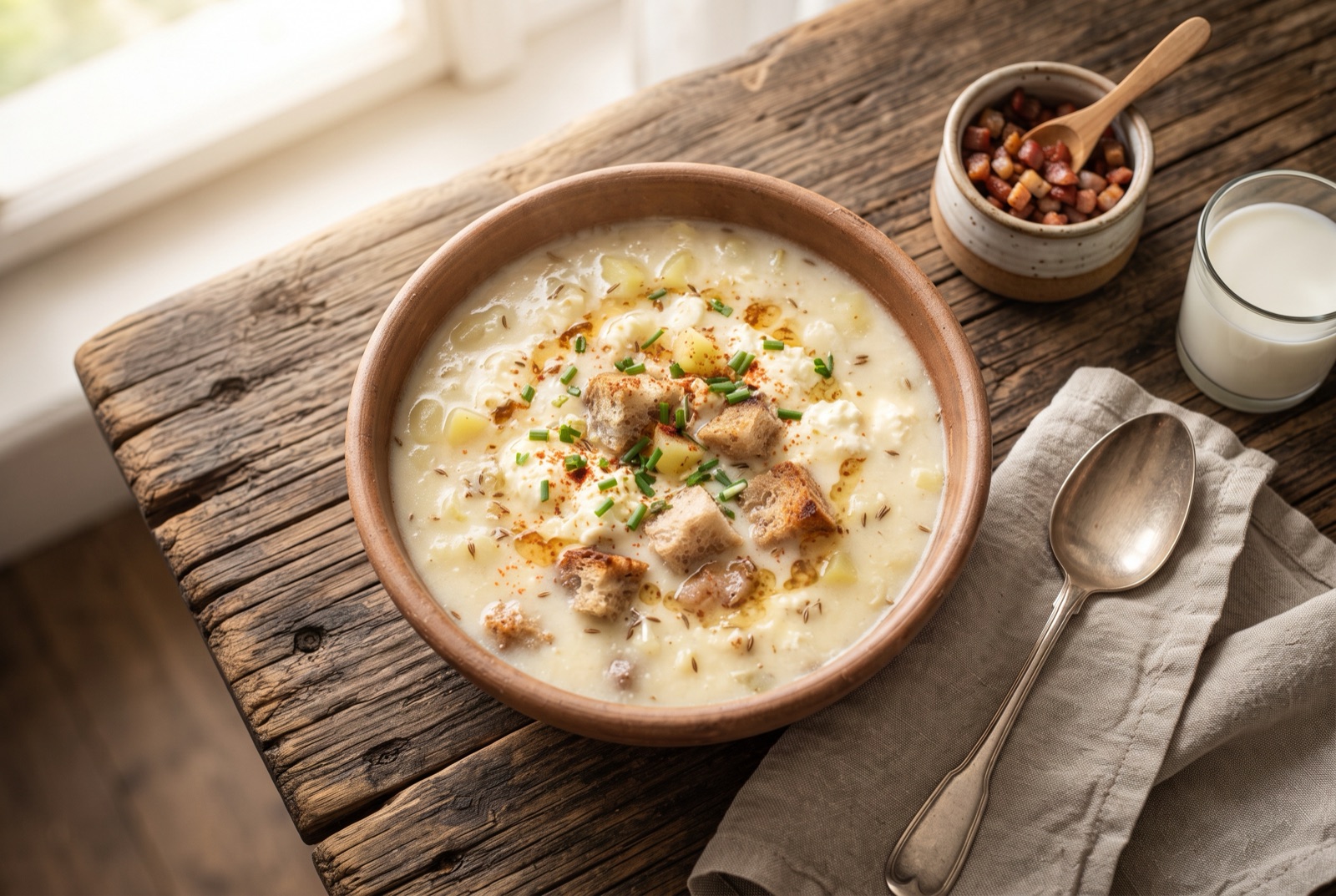Bowl of cloudy pale Slovak demikát soup with toasted rye bread, chives and a swirl of paprika butter