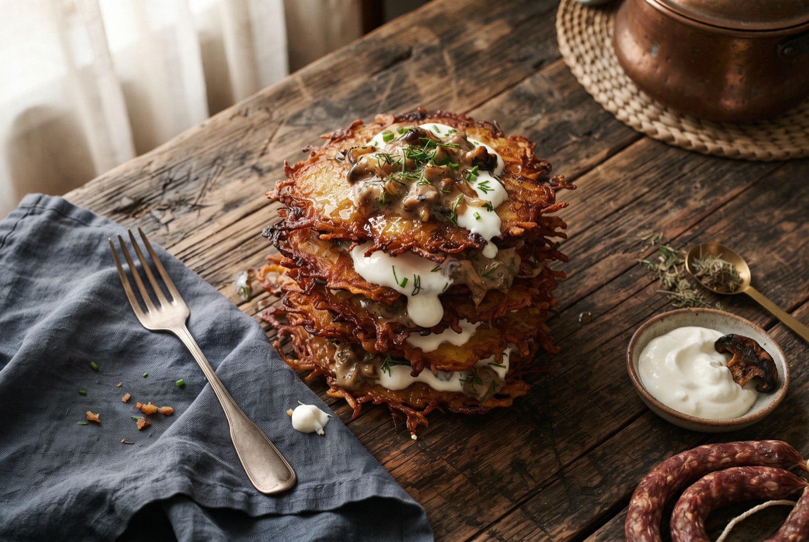 Stack of golden Ukrainian deruny potato fritters with lacy crisp edges and a spoonful of sour cream on top